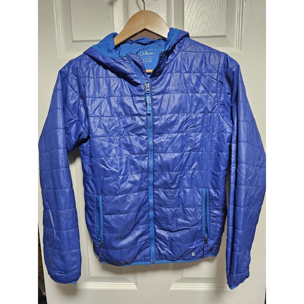LL Bean Puffer Jacket Youth M 10-12 Blue Hooded Primaloft Full Zip
